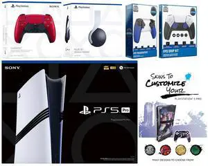 Sony Playstation 5 Pro Bundle with White Pulse Headset, Extra Volcanic Red Controller, Trigger Stop Kit, FPS Grip Kit and MightySkins Decal Voucher