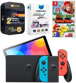 Nintendo Switch Neon Red & Blue OLED Console with Mario vs. Donkey Kong, MightySkins Console and Controller Skin Voucher, and 2 Year CPS Extended Warranty