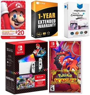 Nintendo Switch OLED Console Mario Kart 8 Bundle with Pokemon Scarlet, Nintendo $20 eShop Gift Card, MightySkins Console and Controller Skin Voucher, and 1 Year CPS Extended Warranty