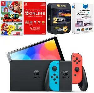 Nintendo Switch Neon Red & Blue OLED Console with Mario vs. Donkey Kong, NSO 12 Month Family Membership, MightySkins Console and Controller Skin Voucher and 2 Year CPS Extended Warranty