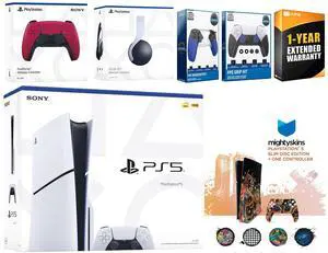Sony Playstation 5 Slim Disc with White Pulse Headset, Extra Cosmic Red Controller, Trigger Stop Kit, FPS Grip Kit and MightySkins Decal Voucher + 1 Year CPS Extended Warranty
