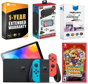 Nintendo Switch Neon Red & Blue OLED Console with Paper Mario: the Thousand Year Door, Surge Accessory Gaming Kit, MightySkins Console and Controller Skin Voucher, and 1 Year CPS Extended Warranty