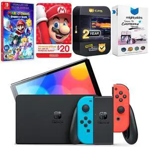 Nintendo Switch Neon Red & Blue OLED Console with Mario + Rabbids Sparks of Hope Cosmic Edition, Nintendo $20 eShop Gift Card, MightySkins Console and Controller Skin Voucher, and 2 Year CPS Extended