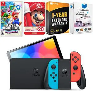Nintendo Switch Neon Red & Blue OLED Console with Super Mario Bros. Wonder, Nintendo $20 eShop Gift Card, MightySkins Console and Controller Skin Voucher and 1 Year CPS Extended Warranty