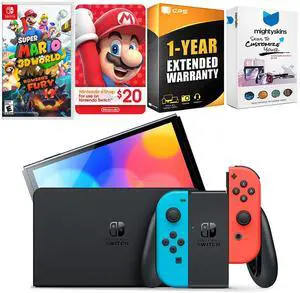 Nintendo Switch Neon Red & Blue OLED Console with Super Mario 3D World + Bowsers Fury , Nintendo $20 eShop Gift Card, MightySkins Console and Controller Skin Voucher and 1 Year CPS Extended Warran