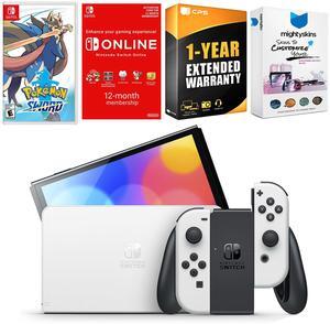 Nintendo Switch White OLED Console with Pokemon Sword, NSO 12 Month Family Membership, MightySkins Console and Controller Skin Voucher, and 1 Year CPS Extended Warranty