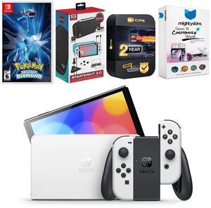 Nintendo Switch White OLED Console with Pokemon Brilliant Diamond, Surge Accessory Gaming Kit, MightySkins Console and Controller Skin Voucher, and 2 Year CPS Extended Warranty