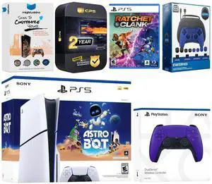 Sony PlayStation 5 Slim Disc Astro Bot, Rachet and Clank Bundle with Extra Galactic Purple Controller, Pro Gamer Starter Kit, MightySkins Code and 2 Year Extended Warranty