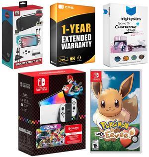 Nintendo Switch OLED Console Mario Kart 8 Deluxe Bundle with Pokemon: Let's Go, Eevee!, Surge Accessory Gaming Kit, MightySkins Console and Controller Skin Voucher, and 1 Year CPS Extended Warranty