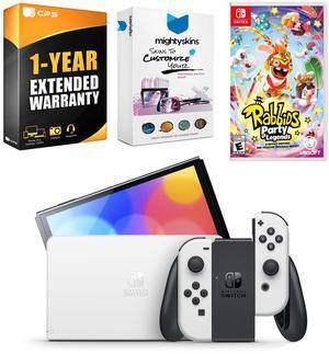 Nintendo Switch White OLED Console with Rabbids: Party of Legends, MightySkins Console and Controller Skin Voucher, and 1 Year CPS Extended Warranty
