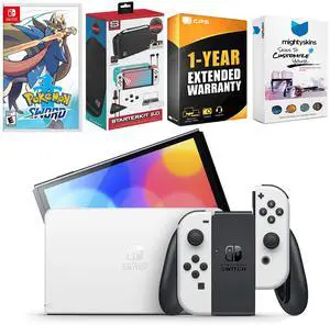 Nintendo Switch White OLED Console with Pokemon Sword, Surge Accessory Gaming Kit, MightySkins Console and Controller Skin Voucher, and 1 Year CPS Extended Warranty
