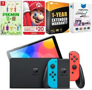 Nintendo Switch Neon Red & Blue OLED Console with Pikmin 1 + 2, Nintendo $20 eShop Gift Card, MightySkins Console and Controller Skin Voucher and 1 Year CPS Extended Warranty