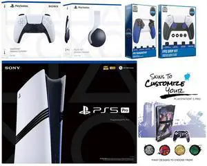 Sony Playstation 5 Pro Bundle with White Pulse Headset, Extra White Controller, Trigger Stop Kit, FPS Grip Kit and MightySkins Decal Voucher