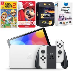Nintendo Switch White OLED Console with Mario Maker 2, Nintendo $20 eShop Gift Card, MightySkins Console and Controller Skin Voucher, and 2 Year CPS Extended Warranty