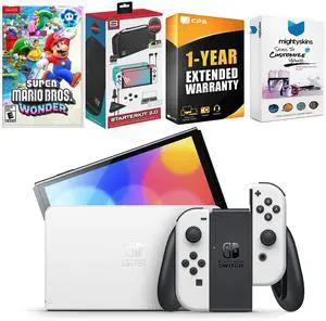 Nintendo Switch White OLED Console with Super Mario Bros. Wonder, Surge Accessory Gaming Kit, MightySkins Console and Controller Skin Voucher, and 1 Year CPS Extended Warranty