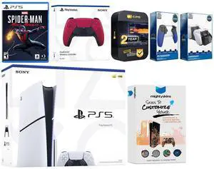 Sony Playstation 5 Slim Disc with Spider-Man: Miles Morales, Extra Cosmic Red Controller, Trigger Stop Kit, Charge Dock and MightySkins Decal Voucher + 2 Year CPS Extended Warranty