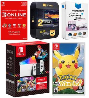Nintendo Switch OLED Console Mario Kart 8 Bundle with Pokemon Let's Go, Pikachu!, NSO 12 Month Family Membership, MightySkins Console and Controller Skin Voucher, and 2 Year CPS Extended Warranty