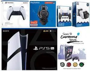Sony Playstation 5 Pro Bundle with Extra White Controller, Plantronics Headset, FPS Grip Kit, Dual Charge Dock and MightySkins Decal Voucher Plus 1 Year CPS Extended Warranty