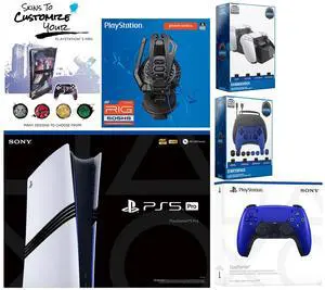 Sony Playstation 5 Pro Bundle with Extra Cobalt Blue Controller, Plantronics Headset, Pro Gamer Kit, Dual Charge Dock and MightySkins Decal Voucher Plus 1 Year CPS Extended Warranty