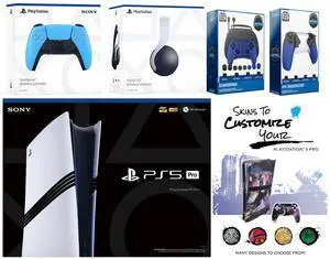 Sony Playstation 5 Pro Bundle with White Pulse Headset, Extra Starlight Blue Controller, Pro Gamer Kit, Trigger Kit and MightySkins Decal Voucher Plus 2 Year CPS Extended Warranty