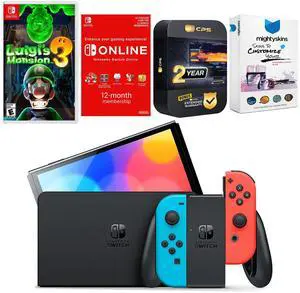 Nintendo Switch Neon Red & Blue OLED Console with Luigis Mansion 3, NSO 12 Month Family Membership, MightySkins Console and Controller Skin Voucher, and 2 Year CPS Extended Warranty