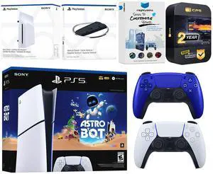 Sony PlayStation 5 Astro Bot Slim Digital Bundle with Disc Drive, Extra Controller, Vertical Stand, MightySkins Voucher and 2 Year Extended Warranty - Cobalt Blue Sony PlayStation 5 Astro Bot Slim Digital Bundle with Disc Drive, Extra Controller, Vertical Stand, MightySkins Voucher and 2 Year Extended Warranty - Cobalt Blue