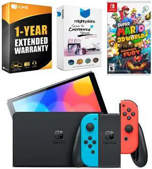 Nintendo Switch Neon Red & Blue OLED Console with Super Mario 3D World + Bowsers Fury, MightySkins Console and Controller Skin Voucher, and 1 Year CPS Extended Warranty