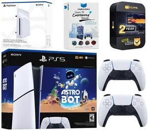 Sony PlayStation 5 Astro Bot Slim Digital Bundle with Disc Drive, Extra Controller, MightySkins Voucher and 2 Year Extended Warranty - Glacier White