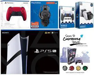 Sony Playstation 5 Pro Bundle with Extra Volcanic Red Controller, Plantronics Headset, FPS Grip Kit, Dual Charge Dock and MightySkins Decal Voucher Plus 1 Year CPS Extended Warranty