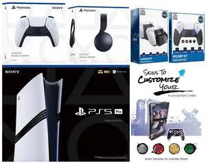 Sony Playstation 5 Pro Bundle with Black Pulse Headset, Extra White Controller, FPS Grip Kit, Dual Charge Dock and MightySkins Decal Voucher Plus 1 Year CPS Extended Warranty