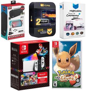Nintendo Switch OLED Console Mario Kart 8 Deluxe Bundle with Pokemon: Let's Go, Eevee!, Surge Accessory Gaming Kit, MightySkins Console and Controller Skin Voucher, and 2 Year CPS Extended Warranty