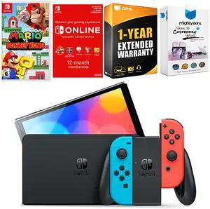 Nintendo Switch Neon Red & Blue OLED Console with Mario vs. Donkey Kong, NSO 12 Month Family Membership, MightySkins Console and Controller Skin Voucher and 1 Year CPS Extended Warranty