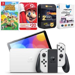 Nintendo Switch White OLED Console with Animal Crossing New Horizons, Nintendo $20 eShop Gift Card, MightySkins Console and Controller Skin Voucher, and 2 Year CPS Extended Warranty