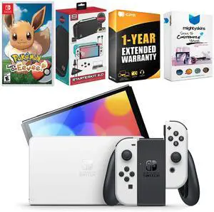 Nintendo Switch White OLED Console with Pokemon: Let's Go, Eevee!, Surge Accessory Gaming Kit, MightySkins Console and Controller Skin Voucher, and 1 Year CPS Extended Warranty