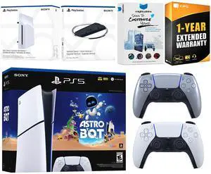 Sony PlayStation 5 Astro Bot Slim Digital Bundle with Disc Drive, Extra Controller, Vertical Stand, MightySkins Voucher and 1 Year Extended Warranty - Sterling Silver