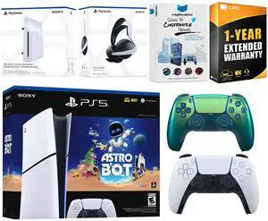 Sony PlayStation 5 Slim Digital Astro Bot Bundle with Disc Drive, Extra Controller, Pulse Elite Headset, MightySkins Voucher and 1 Year Extended Warranty - Chroma Teal Sony PlayStation 5 Slim Digital Astro Bot Bundle with Disc Drive, Extra Controller, Pulse Elite Headset, MightySkins Voucher and 1 Year Extended Warranty - Chroma Teal