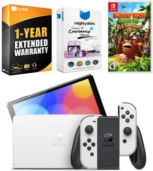 Nintendo Switch White OLED Console with Donkey Kong Country Returns HD, MightySkins Console and Controller Skin Voucher, and 1 Year CPS Extended Warranty