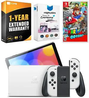 Nintendo Switch White OLED Console with Super Mario Odyssey, MightySkins Console and Controller Skin Voucher, and 1 Year CPS Extended Warranty
