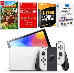 Nintendo Switch White OLED Console with Donkey Kong Country Returns HD, NSO 12 Month Family Membership, MightySkins Console and Controller Skin Voucher, and 1 Year CPS Extended Warranty