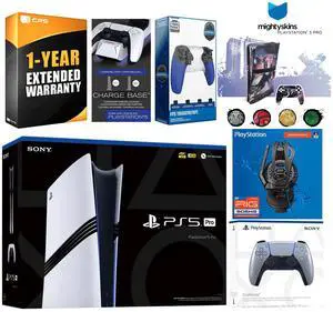 Sony Playstation 5 Pro Bundle with Extra Sterling Silver Controller, Plantronics Headset, Trigger Stop Kit, Dual Charge Dock and MightySkins Decal Voucher Plus 1 Year CPS Extended Warranty
