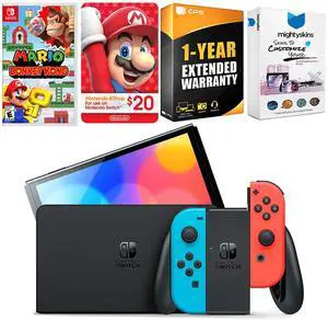 Nintendo Switch Neon Red & Blue OLED Console with Mario vs. Donkey Kong, Nintendo $20 eShop Gift Card, MightySkins Console and Controller Skin Voucher and 1 Year CPS Extended Warranty