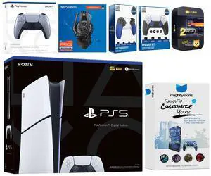 Sony Playstation 5 Slim Digital with Extra Sterling Silver Controller, Plantronics Headset, Trigger Stop Kit, FPS Grip Kit and MightySkins Decal Voucher + 2 Year CPS Extended Warranty