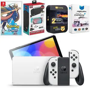 Nintendo Switch White OLED Console with Pokemon Sword, Surge Accessory Gaming Kit, MightySkins Console and Controller Skin Voucher, and 2 Year CPS Extended Warranty
