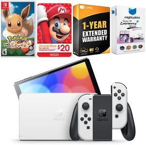 Nintendo Switch White OLED Console with Pokemon Let's Go, Eevee!, Nintendo $20 eShop Gift Card, MightySkins Console and Controller Skin Voucher, and 1 Year CPS Extended Warranty