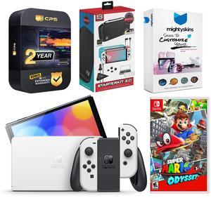 Nintendo Switch White OLED Console with Super Mario Odyssey, Surge Accessory Gaming Kit, MightySkins Console and Controller Skin Voucher, and 2 Year CPS Extended Warranty