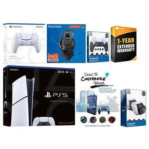 Sony Playstation 5 Slim Digital with Extra Chroma Pearl Controller, Plantronics Headset, FPS Grip Kit, Charge Dock and MightySkins Decal Voucher + 1 Year CPS Extended Warranty