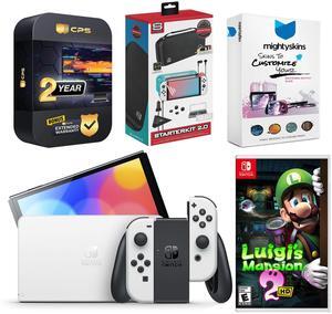 Nintendo Switch White OLED Console with Luigis Mansion 2 HD, Surge Accessory Gaming Kit, MightySkins Console and Controller Skin Voucher, and 2 Year CPS Extended Warranty