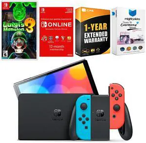 Nintendo Switch Neon Red & Blue OLED Console with Luigis Mansion 3, NSO 12 Month Family Membership, MightySkins Console and Controller Skin Voucher, and 1 Year CPS Extended Warranty