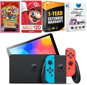Nintendo Switch Neon Red & Blue OLED Console with Paper Mario: the Thousand Year Door, Nintendo $20 eShop Gift Card, MightySkins Console and Controller Skin Voucher and 1 Year CPS Extended Warranty