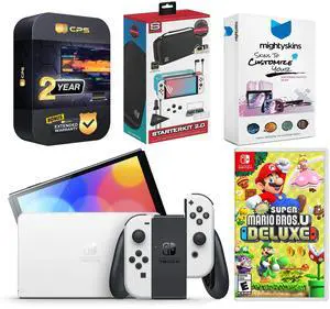 Nintendo Switch White OLED Console with New Super Mario Bros. U Deluxe, Surge Accessory Gaming Kit, MightySkins Console and Controller Skin Voucher, and 2 Year CPS Extended Warranty